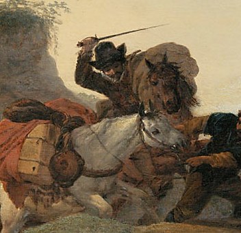 A robber on a white horse raises his sword, ready to strike.