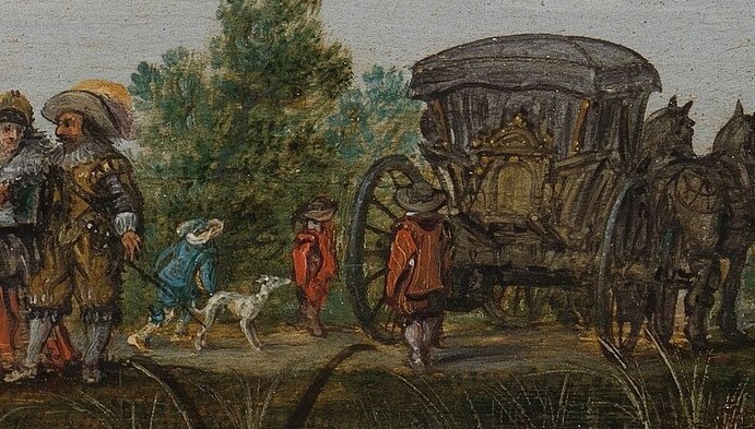 Behind them, a carriage journeys onward.