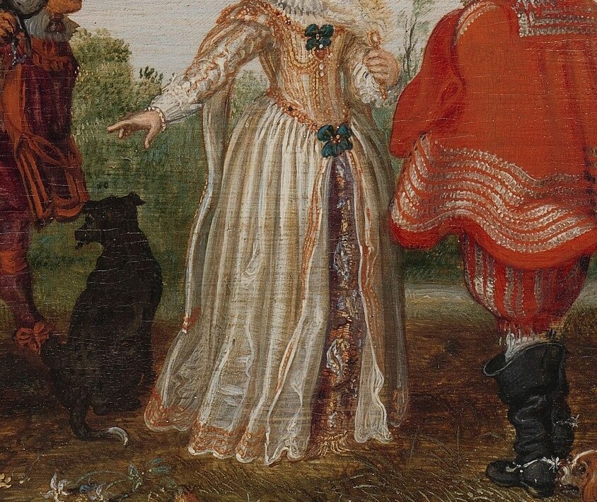 He meets a lady in her finest white dress.