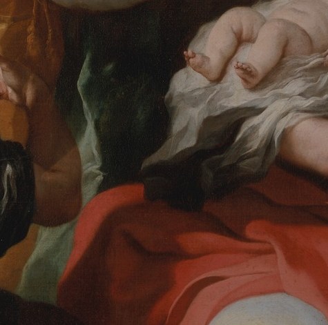 Look at the swaddling cloth, the whitest point in the painting.