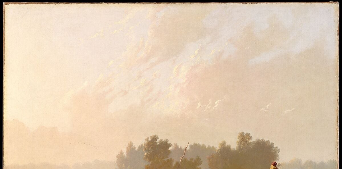 The haze dissolves horizon and sky into a single luminous field, borrowing from Hudson River School romanticism to mythologize frontier labor as Edenic rather than grueling.