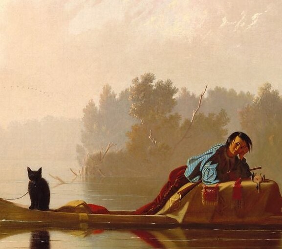 His loose, proprietorial recline projects total ease on the river; dark complexion and headdress cloth suggest mixed French-Native heritage, a common frontier reality Bingham neither hides nor explains.