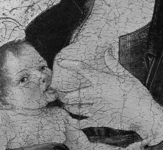 The child looks outward at the viewer , a direct sacred encounter that transforms the image from narrative to icon.