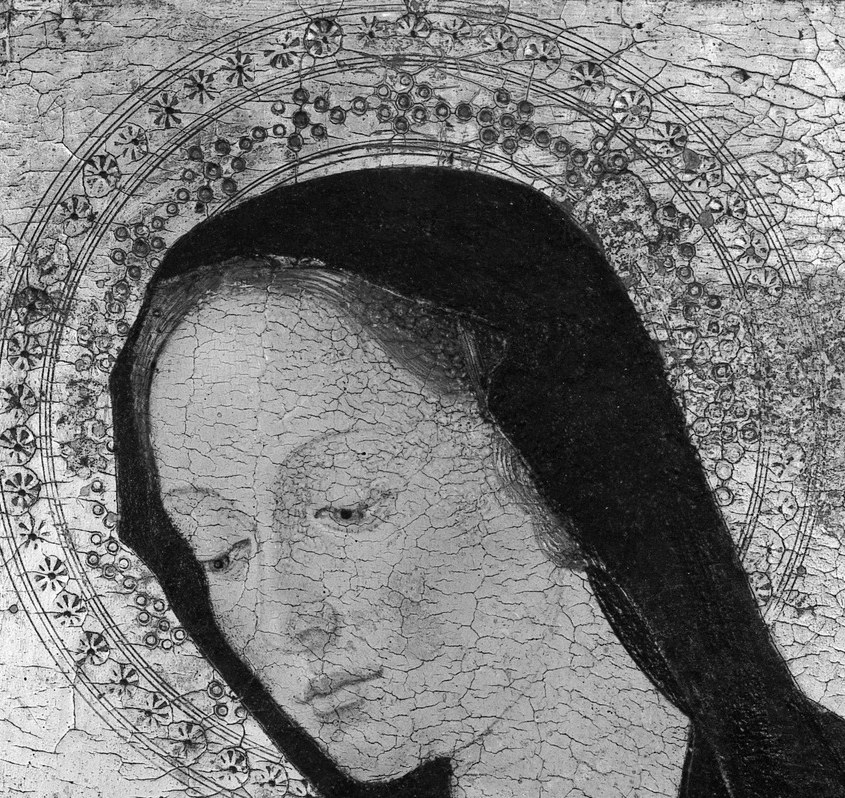 The calm, downcast expression defines the devotional mood , her gaze directed toward the Child models the viewer's own reverent attention.
