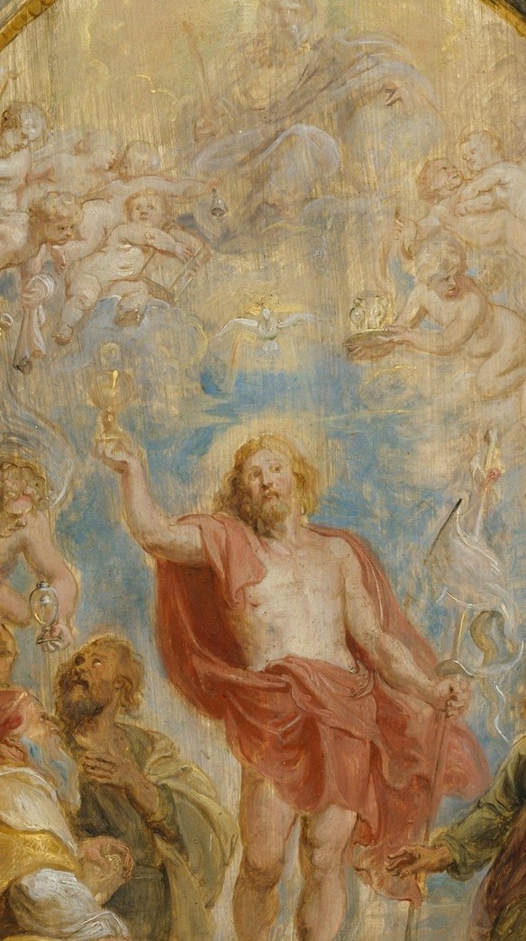 Central axis of the entire composition , the triumphant gesture and radiating golden light make this the unmistakable devotional climax; even in sketch form his pose commands the space