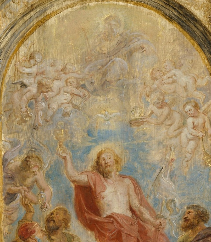 Rubens renders sacred light as warm amber-gold strokes that dissolve architectural edges , the technique of letting the ground show through is a hallmark of his oil sketches and impossible to fake