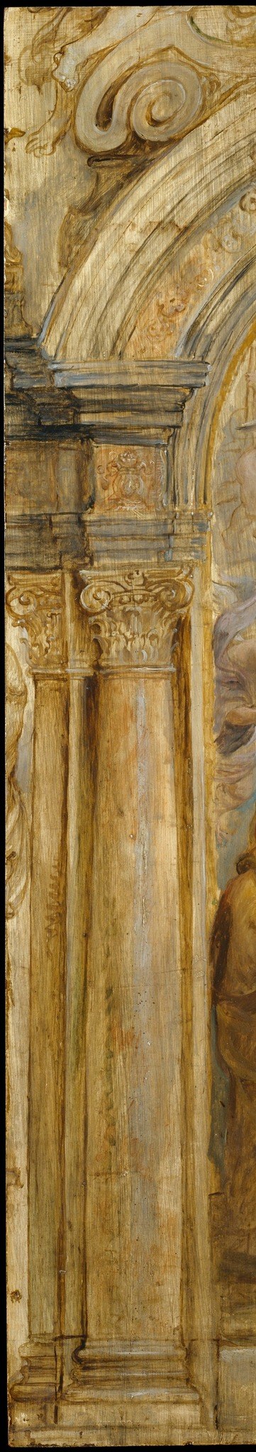 The columns carry alternative architectural motifs Rubens offered the patron , comparing left and right capitals reveals small but deliberate variations, turning the modello into a design conversation