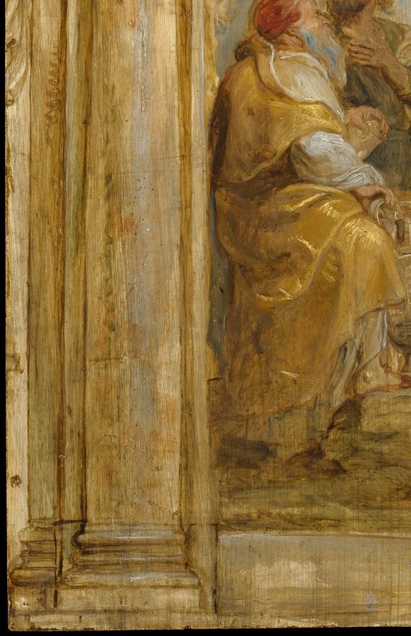 The largest subsidiary figure; his upward gaze anchors the viewer's eye-path from earth to heaven, and his identity as a Eucharistic type (bread/wine offering) encodes the altarpiece's theological program