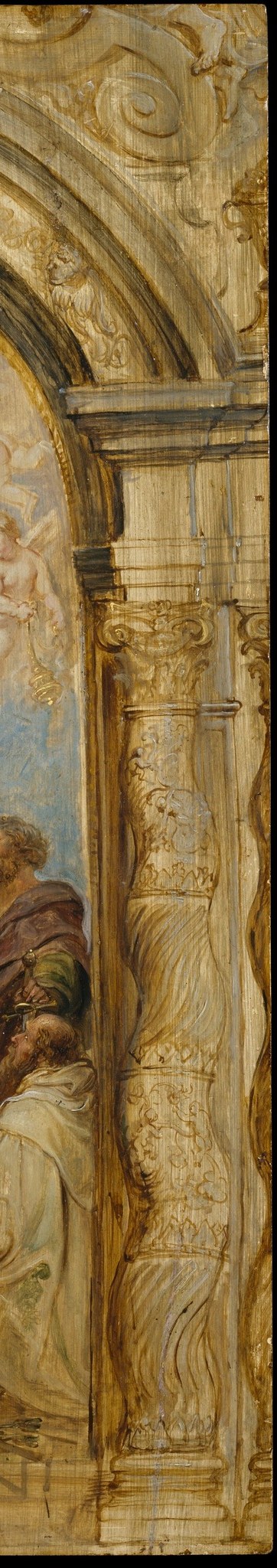 Rubens deliberately varied right vs left decorative detail as patron options; this makes the modello a rare surviving record of a 17th-century commission negotiation in painted form
