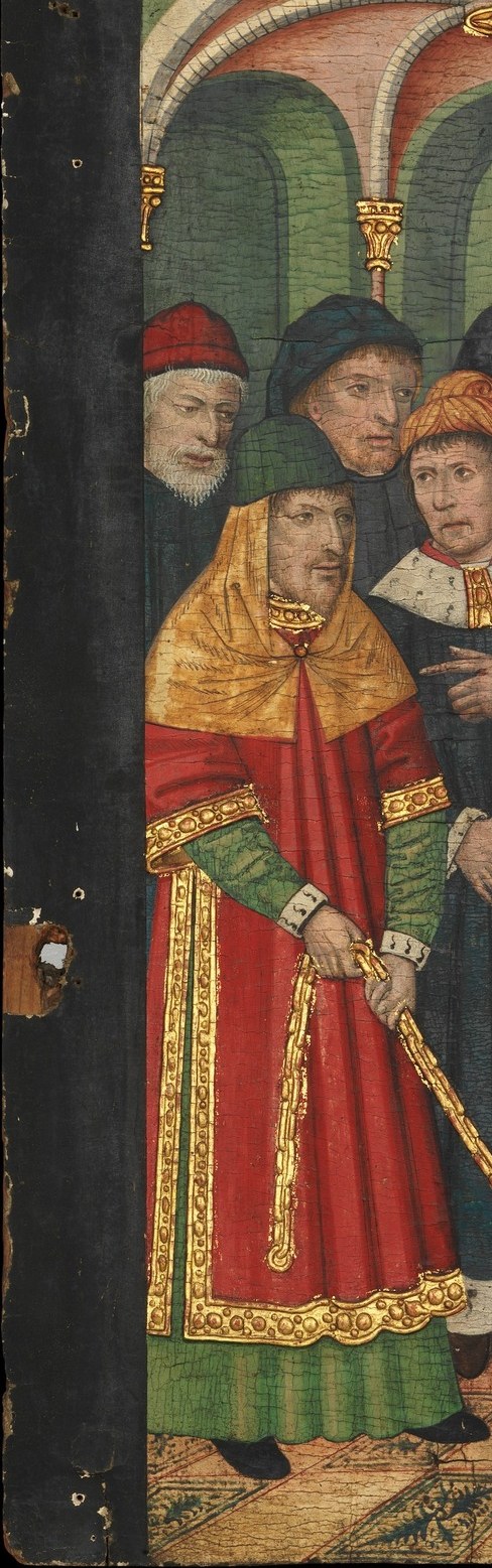 The saturated crimson robe against the architectural stone is the strongest color note in the panel; the staff or rod may indicate a temple official, adding a narrative layer about authorized access to the sanctuary
