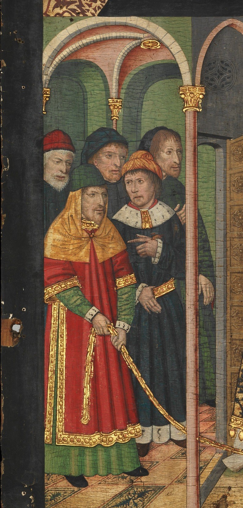 Multiple faces stacked at different depths give a sense of the congregation; their varied expressions , curious, reverent, uncertain , provide human counterpoint to the miracle