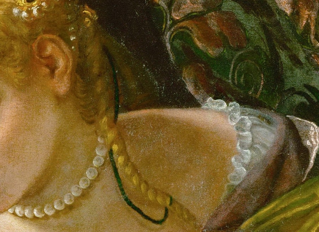 The shadow under her chin is not black. It is umber and lapis, glazed thin.