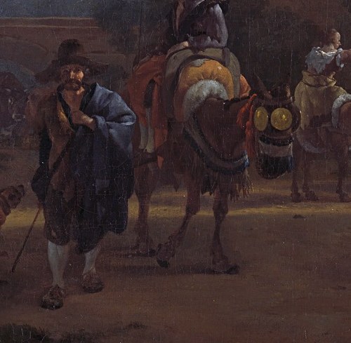 A pack mule, laden with goods, leads the way forward.