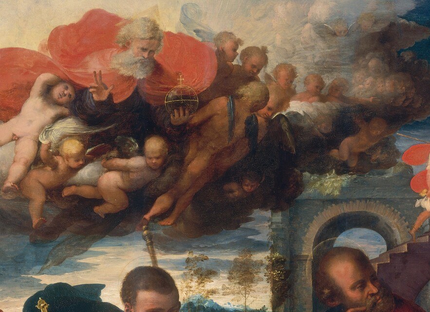 Soft-edged celestial figures dissolve into the sky , the loose painterly handling here contrasts sharply with the crisper foreground figures