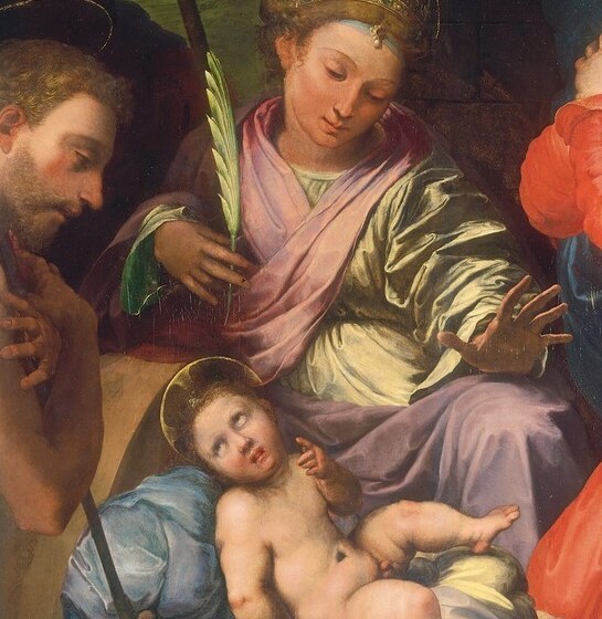 The theological center of the scene , the naked newborn on luminous white drapery draws the eye and anchors every figure's gaze