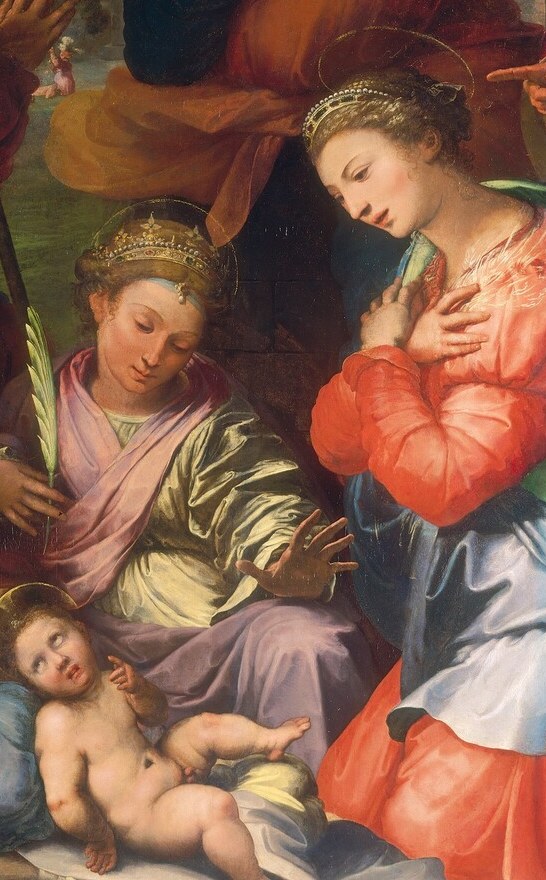 Her tender downward gaze and warm robe create the emotional heart of the composition; the foreshortened torso shows Mannerist figural ambition