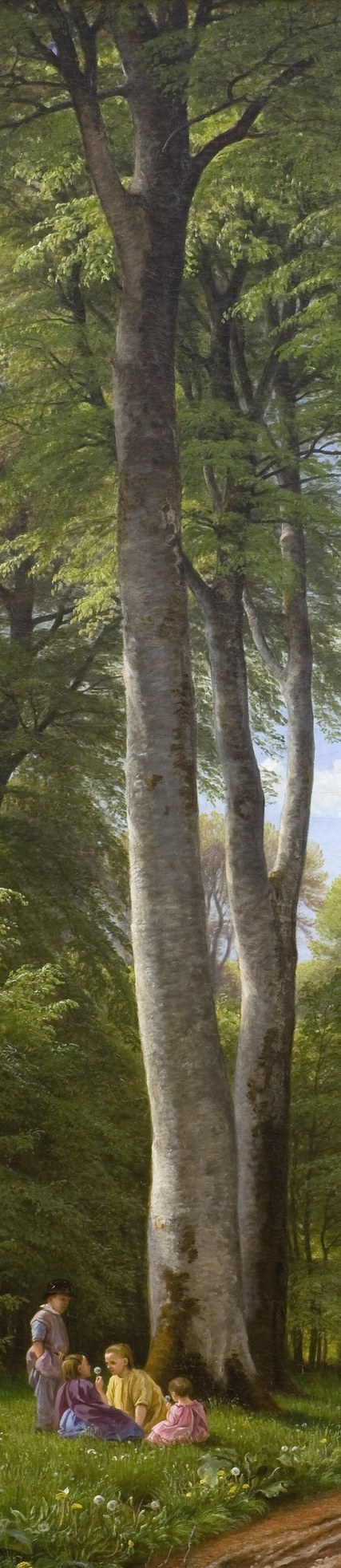 Its monumental scale and smooth, sun-bleached bark establish the painting's reverence for the ancient Danish forest, dwarfing the human figures.