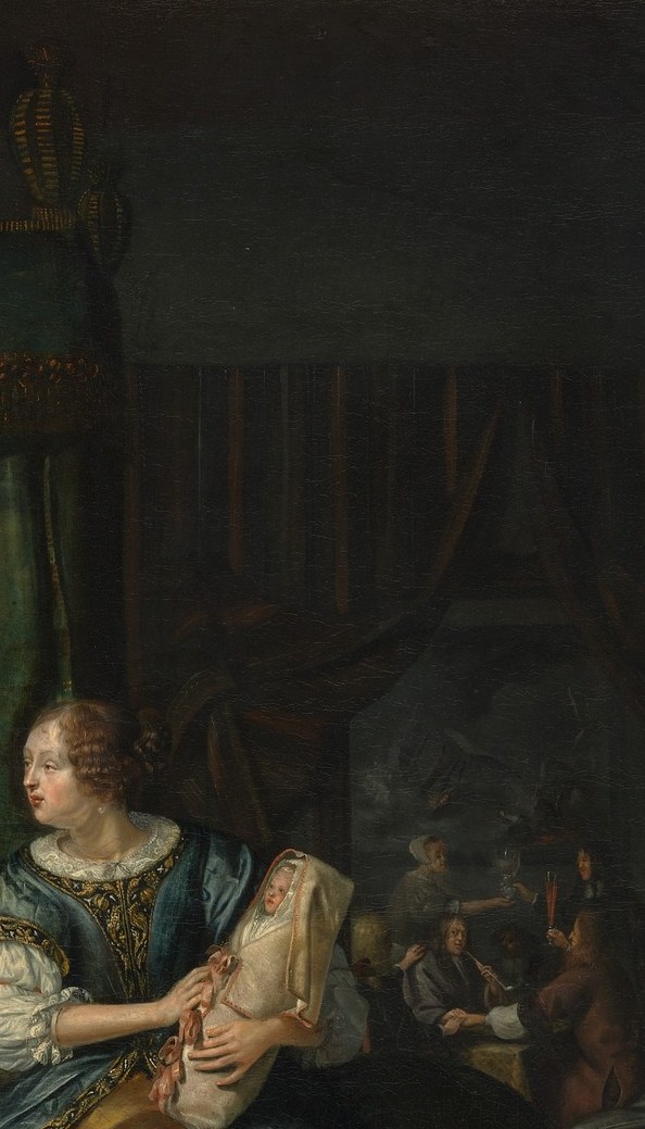 The parted curtain is a classic Dutch interior device; it frames the mother theatrically and signals the bed as the sacred site of childbirth.