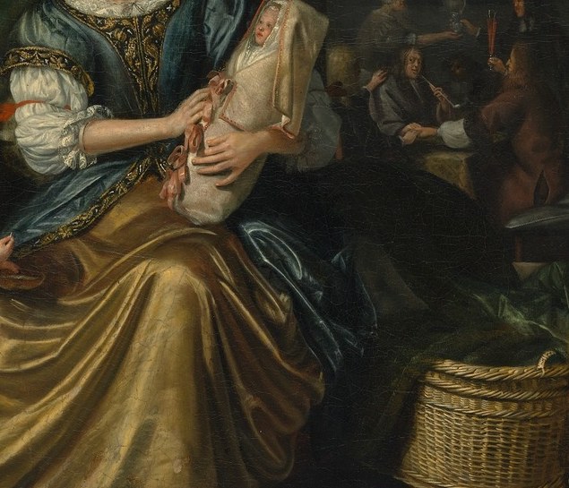 The white swaddling bands compress the infant into a rigid bundle , the actual central subject of the painting yet almost geometrically small against the surrounding adult world.
