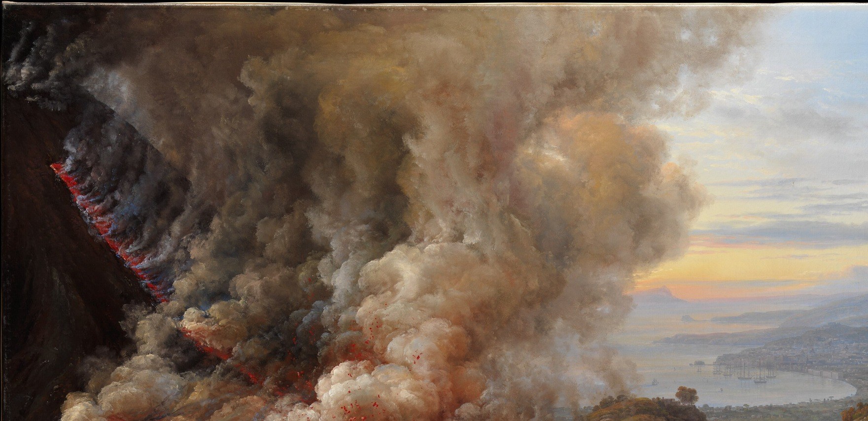 The painting's dominant mass , dark, churning, and monumental , dwarfs everything below; the Romantic sublime in its purest form.