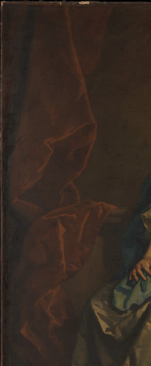 The chiaroscuro void isolates the sitter and borrows continental baroque authority , placing an English court beauty in the language of van Dyck