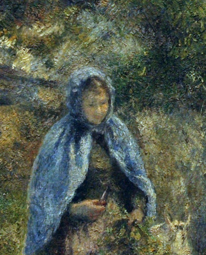 The vivid cobalt blue against warm earth tones is Pissarro's deliberate color statement; its loose brushwork epitomizes Impressionist fabric rendering