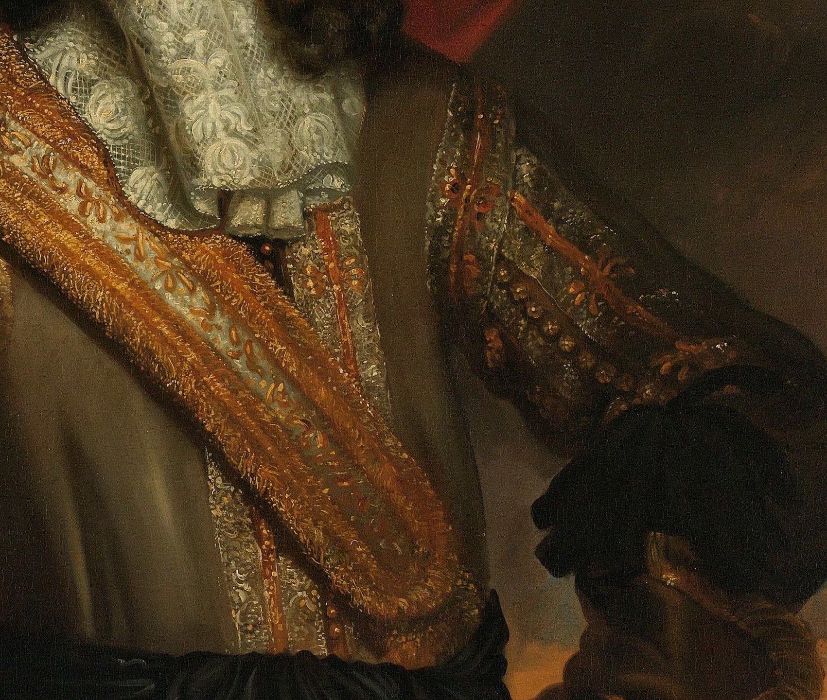 The rich textures and metallic sheen of the sash and jacket speak to the sitter's wealth and importance.