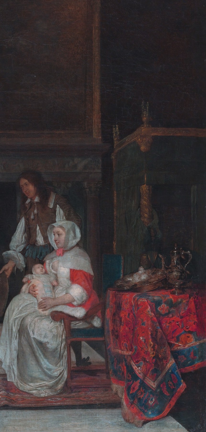 Metsu's virtuoso showpiece: layered red silk demonstrates his textile mastery and signals the lying-in bed's location and the family's wealth