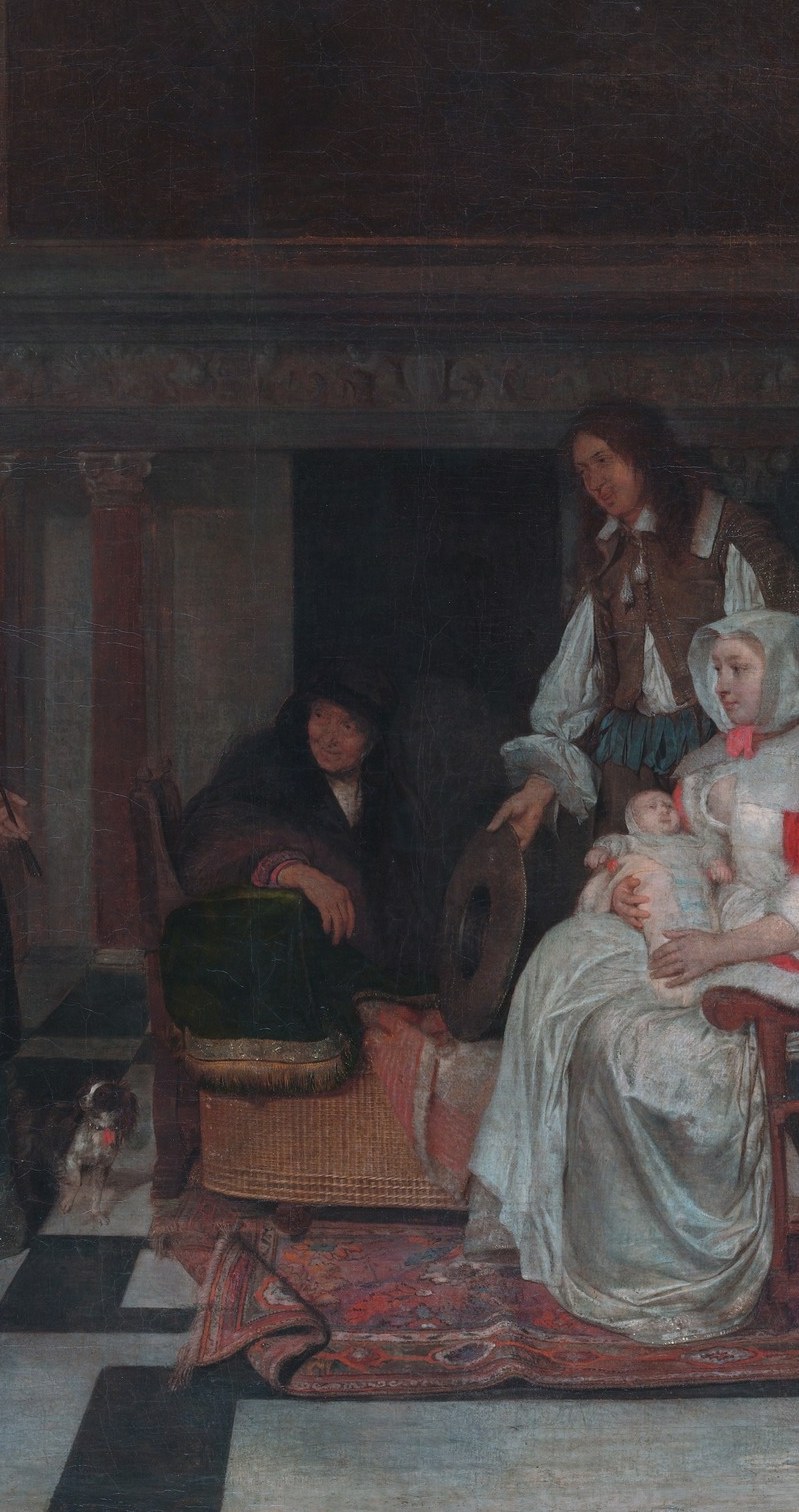 White garments signal post-birth convalescence; her seated position marks her as the honored, fragile center of the event