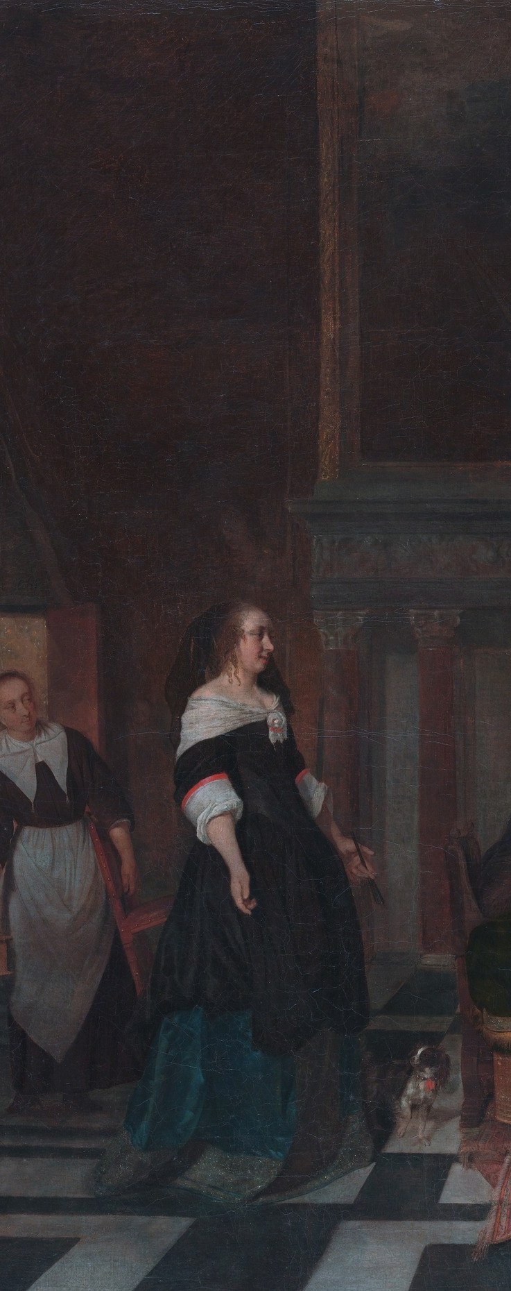The social centerpiece of the kraambezoek; her pose is borrowed from ter Borch , a clue to Metsu's compositional sources