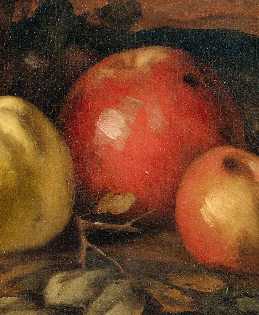This apple shows a subtle sheen and highlights, demonstrating the artist's ability to capture the materiality of the fruit.