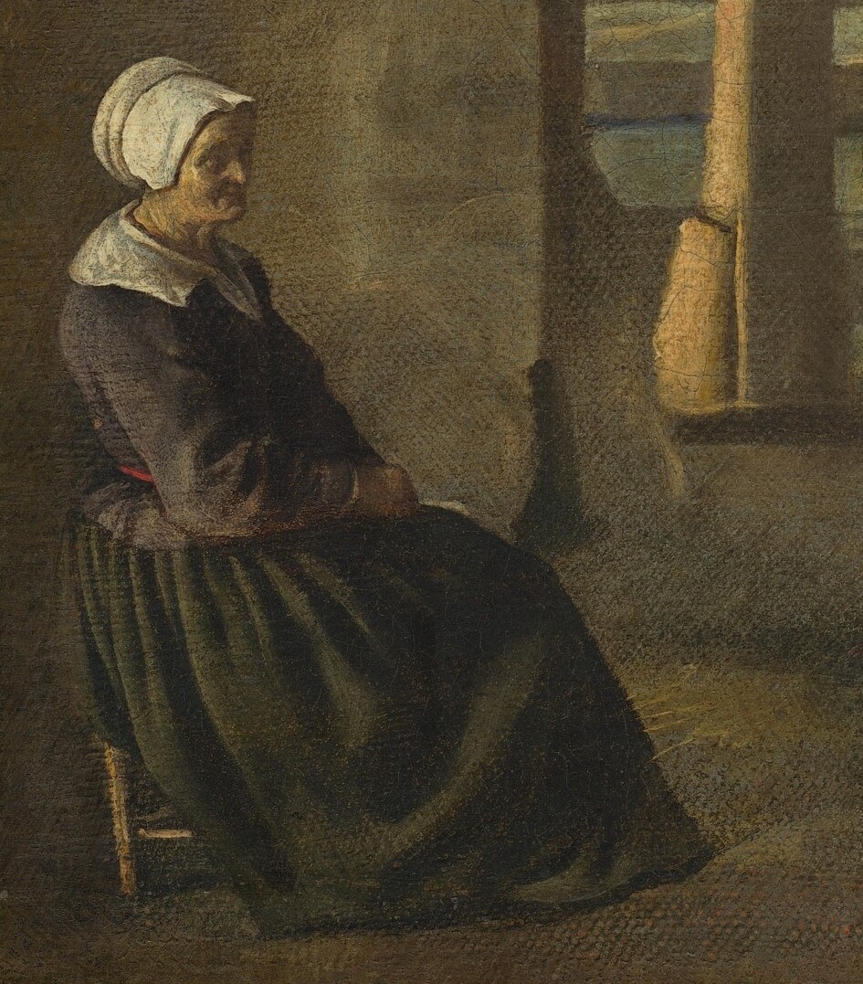 Here, a woman rests by a weathered stone structure.