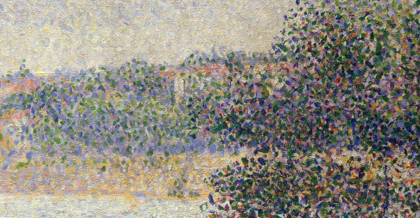 Barely visible on the far bank: a cluster of red-roofed buildings.