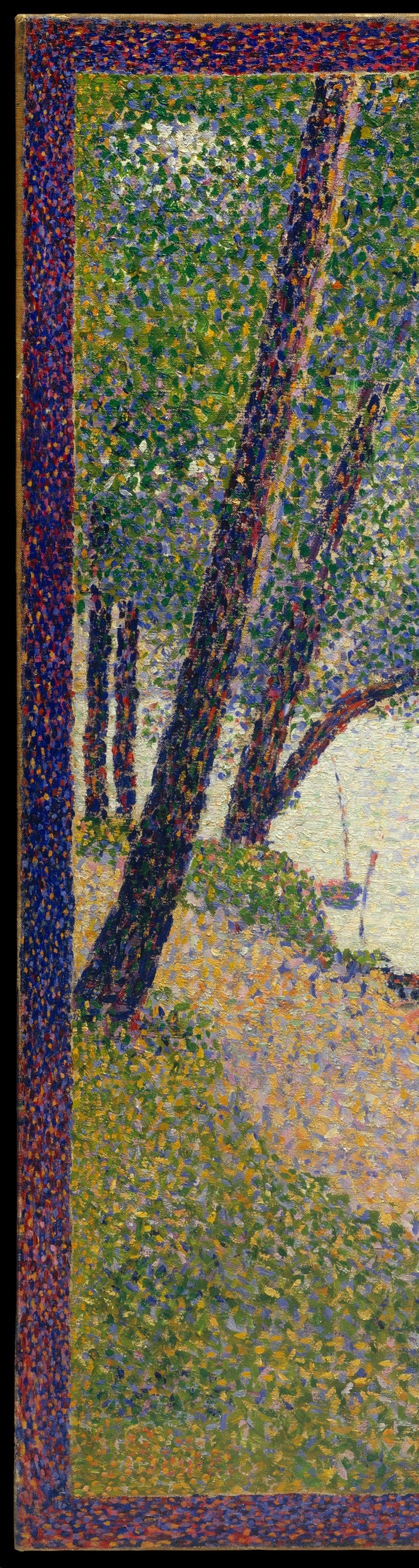 Stark vertical silhouettes that frame the composition like stage curtains , a Seurat signature across his Grande Jatte series, imposing theatrical depth from a flat dotted surface.