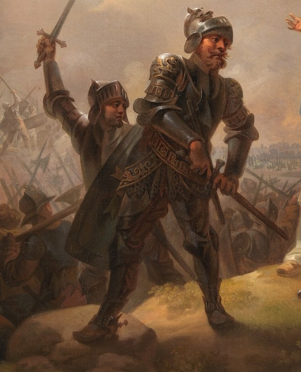 His sword echoes the flag's ascent.