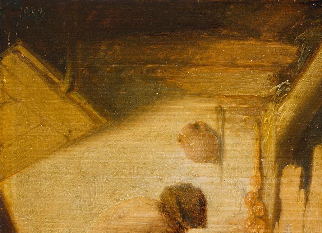 A strong diagonal light illuminates the mother and her infant.
