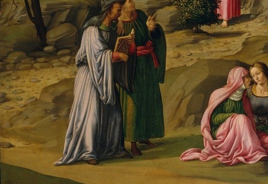Their posture of prostration or supplication anchors the devotional mood and draws the eye into the scene