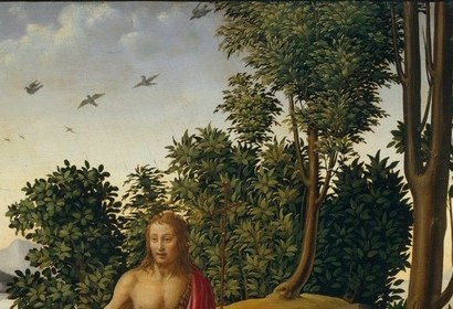 Classic Renaissance staffage device that frames the central figure like a natural pilaster, lending vertical gravitas