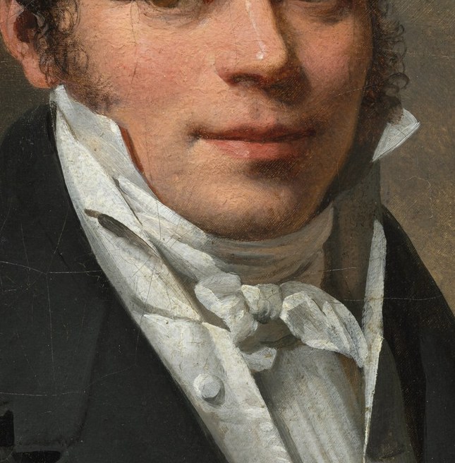 His crisp cravat, a symbol of high status, signals prosperity.