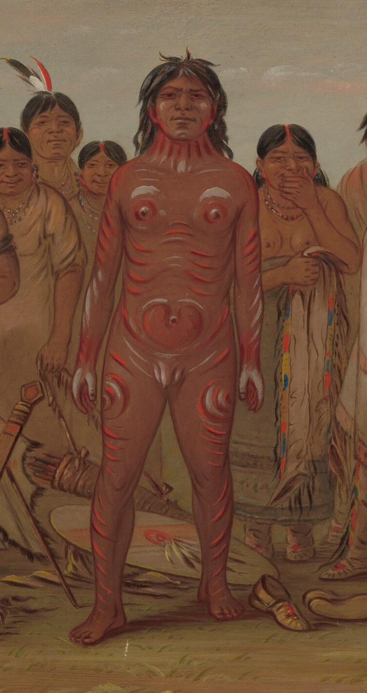 The man in the center wears red and white body paint.