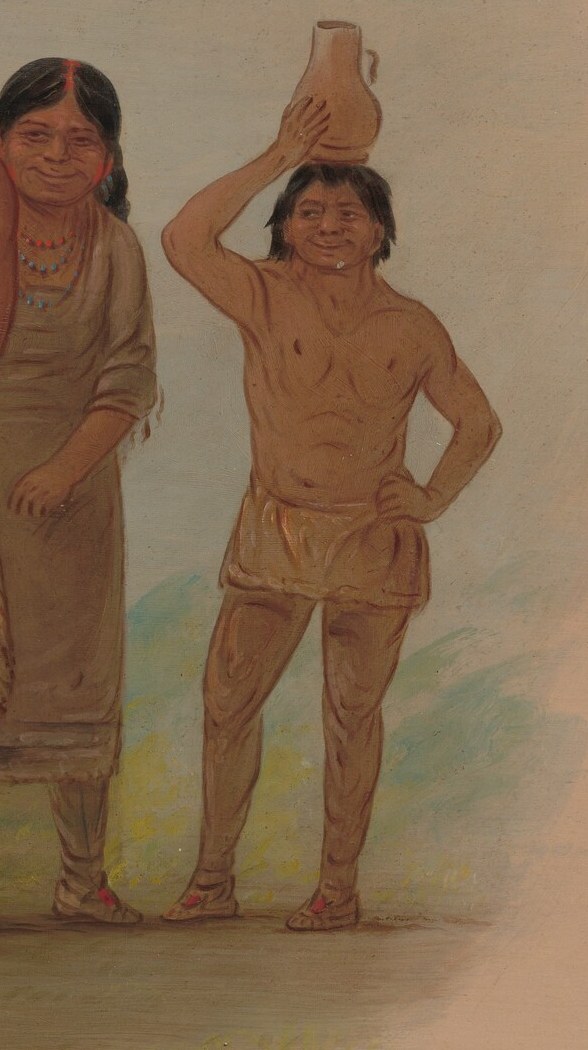 This figure's pose and the pot suggest daily life activities and perhaps a role in providing for the group.