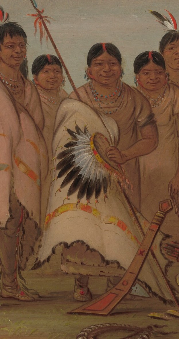 The object she holds is detailed and suggests cultural practices related to defense or ceremony.