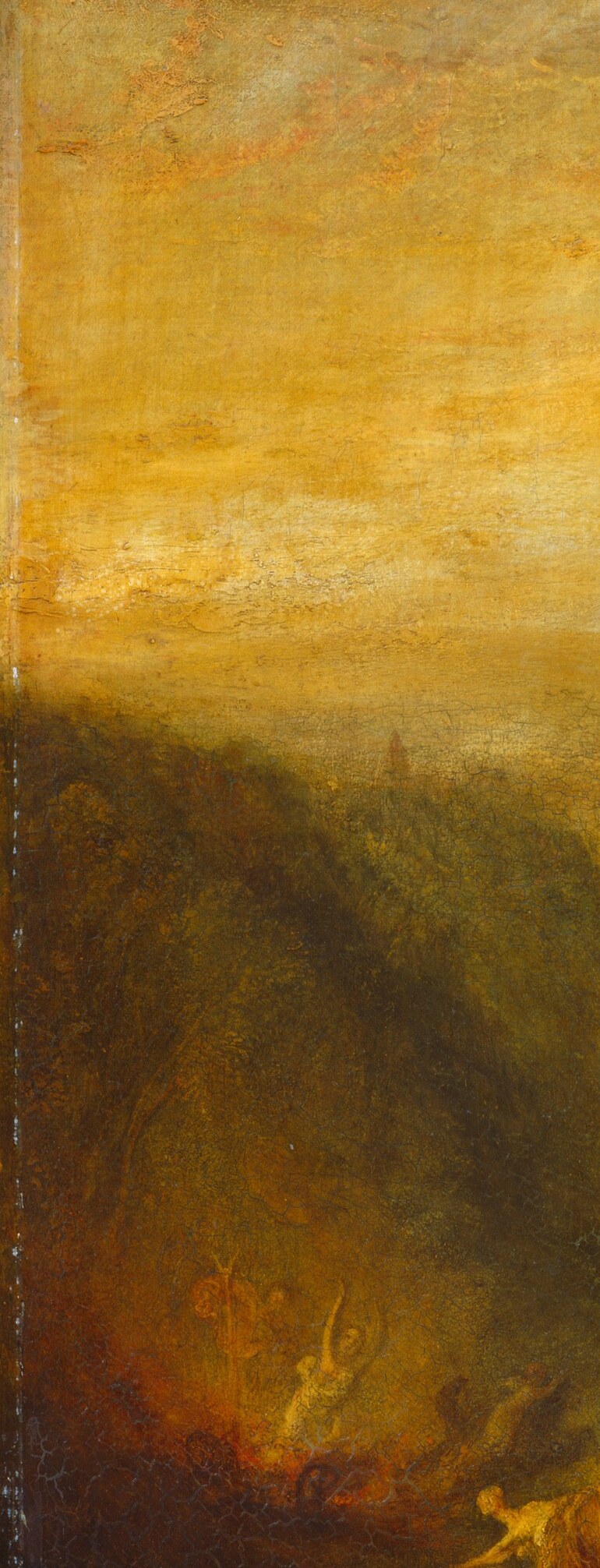 Blocks all exit from the left, compositionally trapping the figures; the rough dark texture contrasts violently with the luminous sky