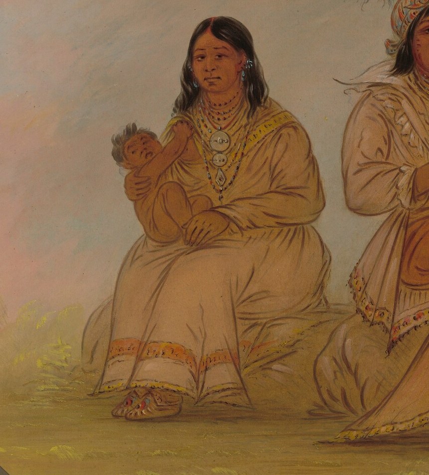 Her gentle posture and the infant suggest themes of family, continuity, and vulnerability.