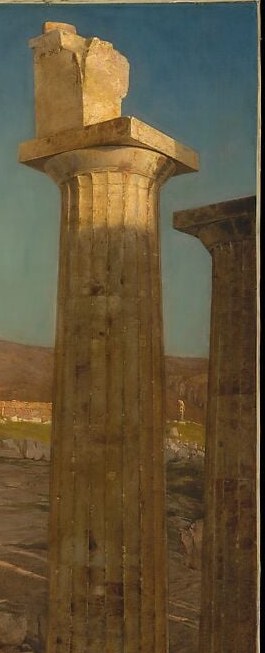 Church placed this dramatically cropped column to give the viewer a sense of standing among the ruins , it dwarfs a human scale and anchors the composition