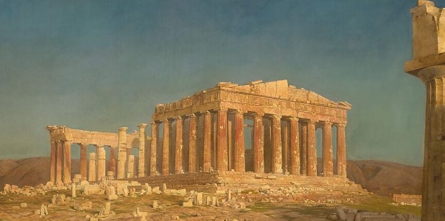 The central subject , warm golden marble glowing against the sky reveals Church's obsession with capturing ancient stone in Mediterranean light