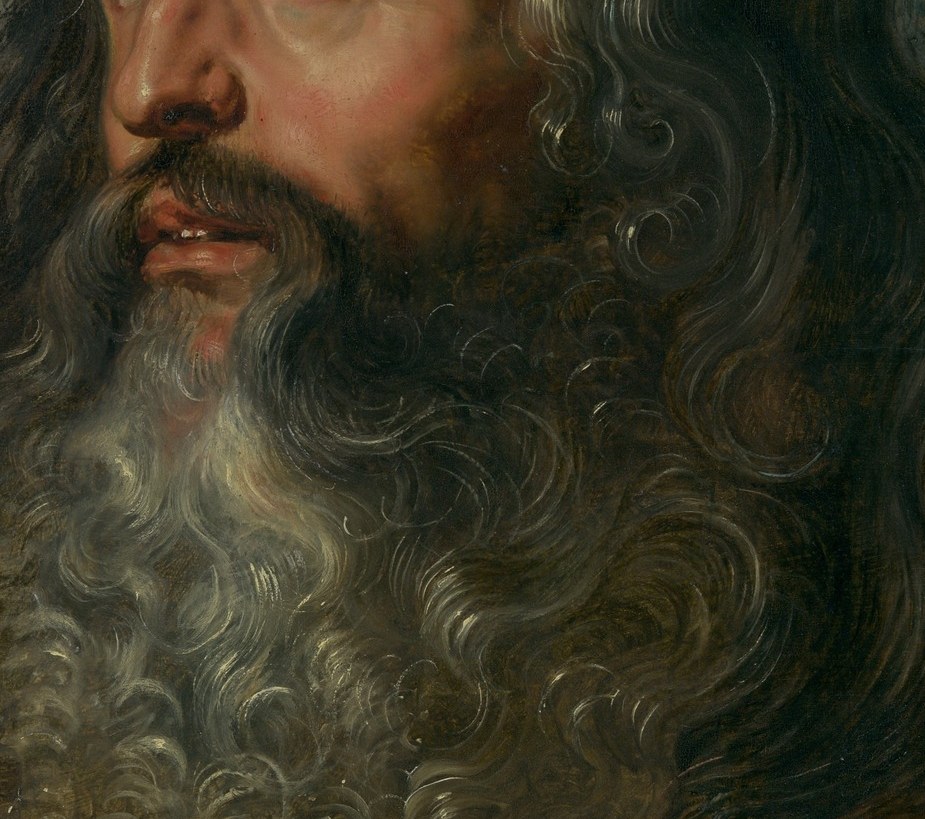 Look closely at Peter's beard, his cheek. The scars remain.