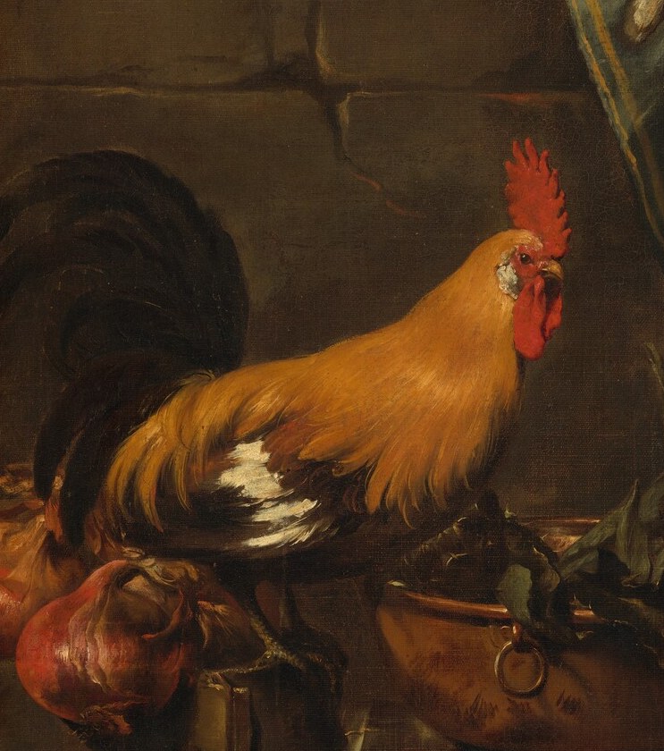 A proud rooster, still alert. Life among the dead.
