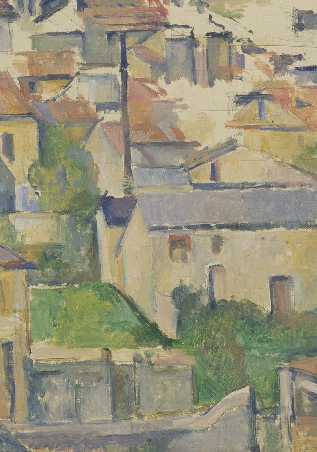 Cézanne flattens this wall into a near-abstract pale slab; its blankness sets off the warm rooftop mass and anticipates the faceted planes of Cubism