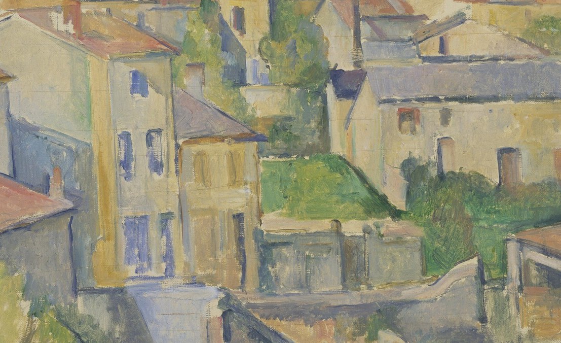 the warm chromatic engine of the painting; dozens of individual roof planes jostle at conflicting angles, collapsing classical perspective into stacked color zones